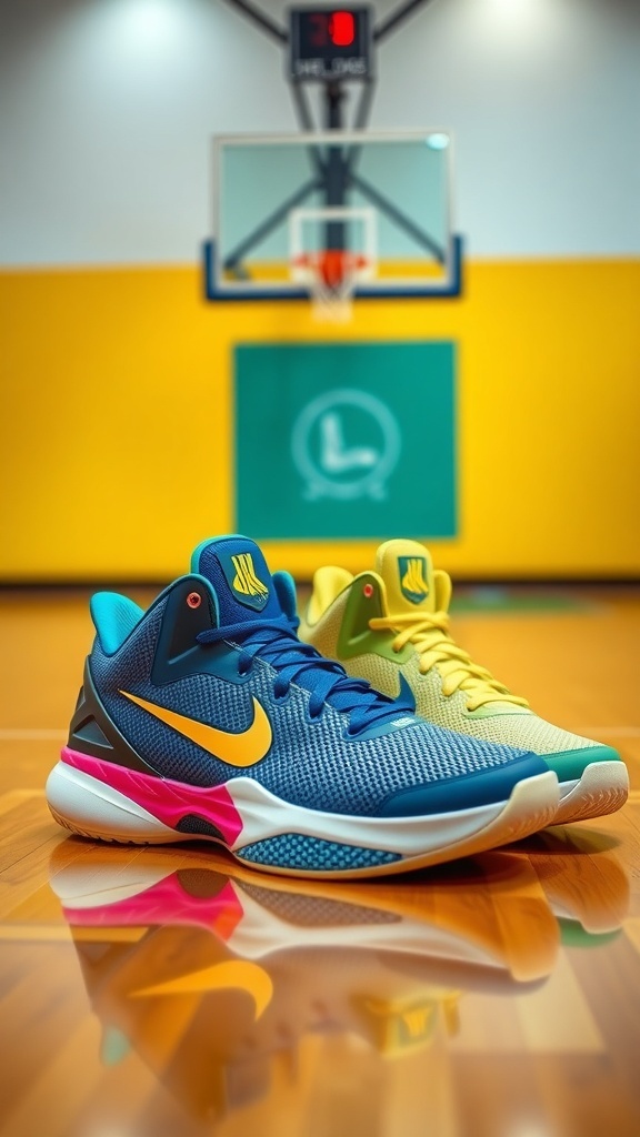 Curry 8 basketball shoes on a court with a basketball and hoop.